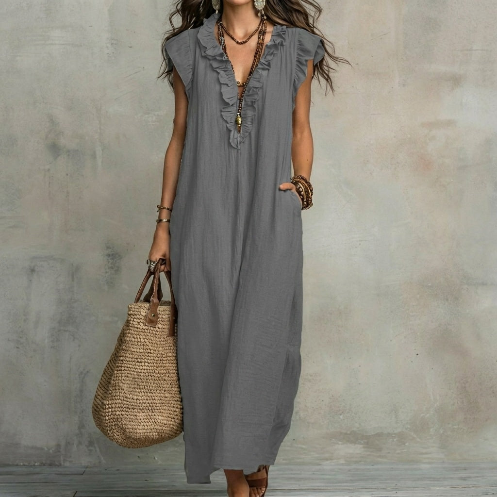 Josefina™  | European Long Dress with a V-neck and frills