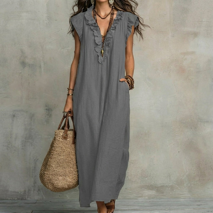 Josefina™  | European Long Dress with a V-neck and frills