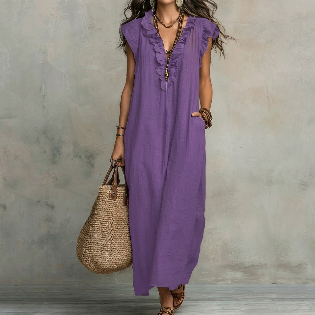 Josefina™  | European Long Dress with a V-neck and frills