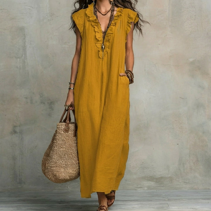 Josefina™  | European Long Dress with a V-neck and frills