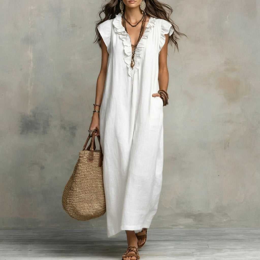 Josefina™  | European Long Dress with a V-neck and frills