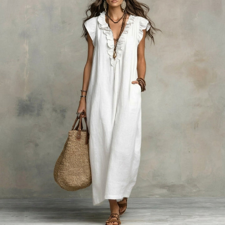 Josefina™  | European Long Dress with a V-neck and frills