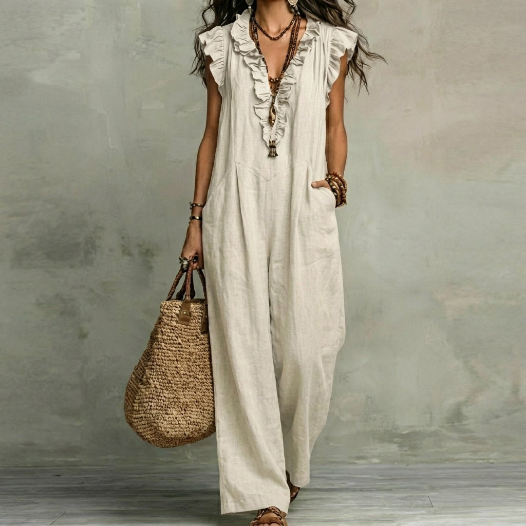 Josefina™  | European Long Dress with a V-neck and frills