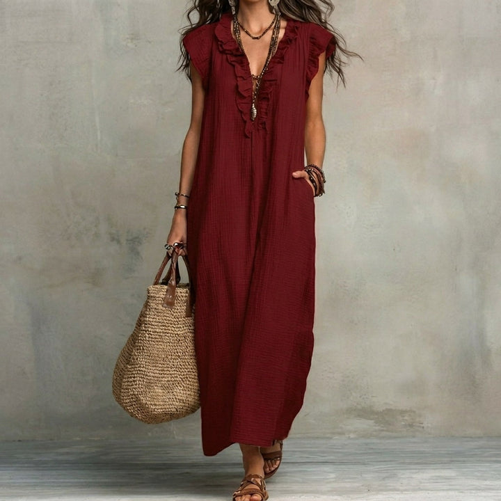 Josefina™  | European Long Dress with a V-neck and frills