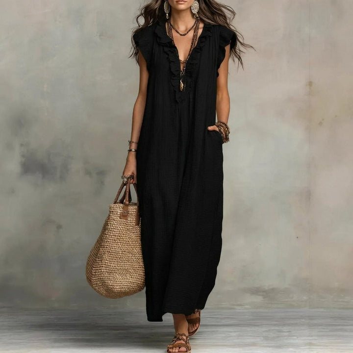 Josefina™  | European Long Dress with a V-neck and frills