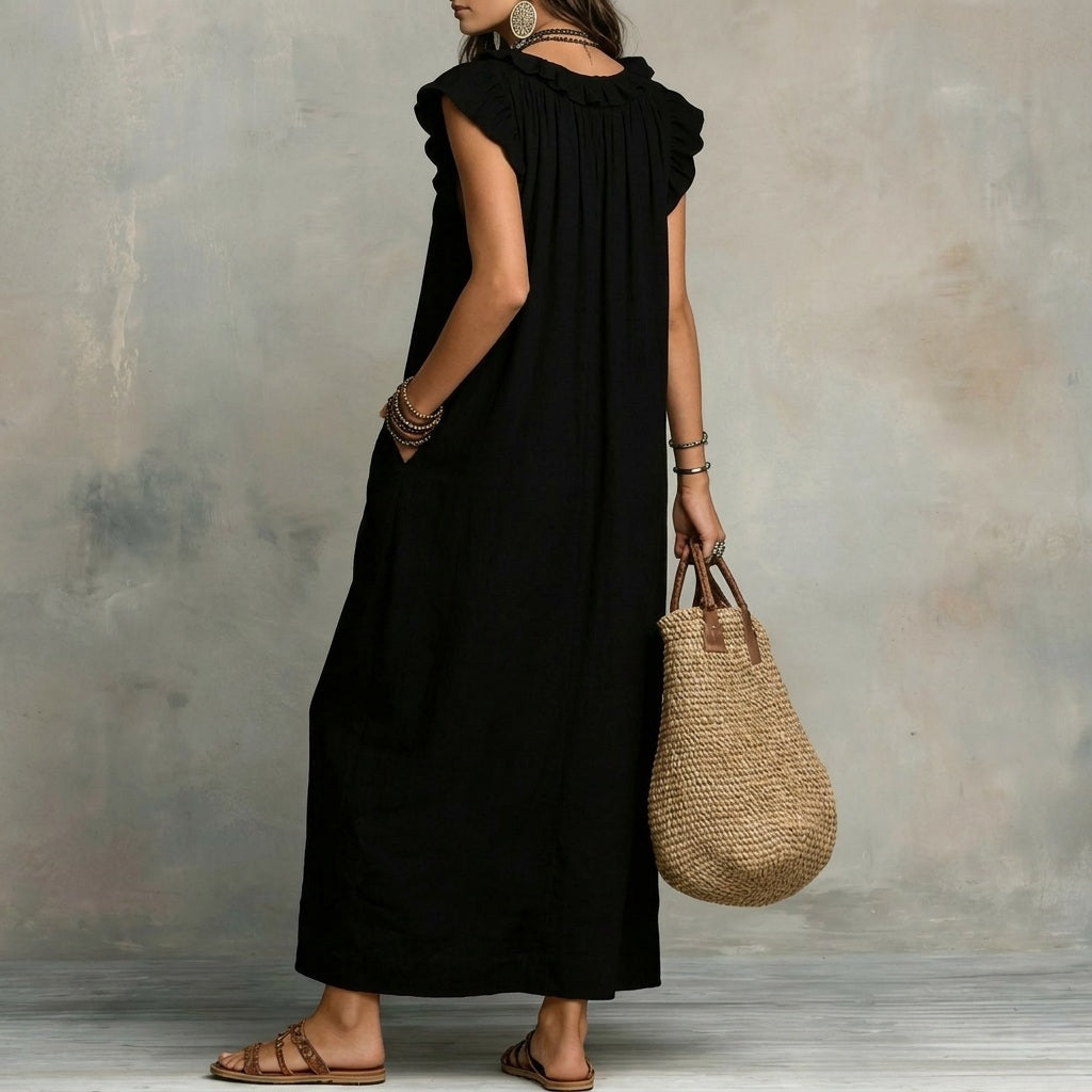 Josefina™  | European Long Dress with a V-neck and frills