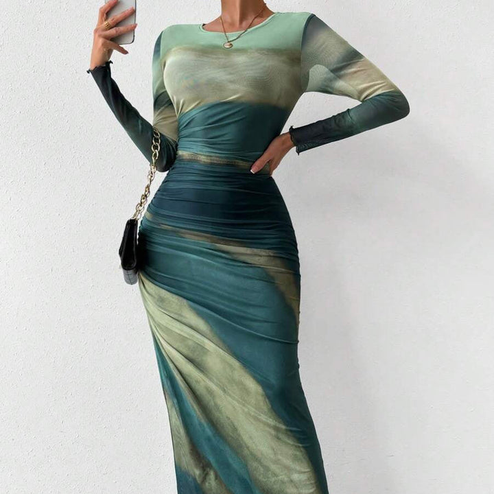 JULIA™ - Comfy Printed Long Sleeve Round Neck Bodycon Maxi Dress