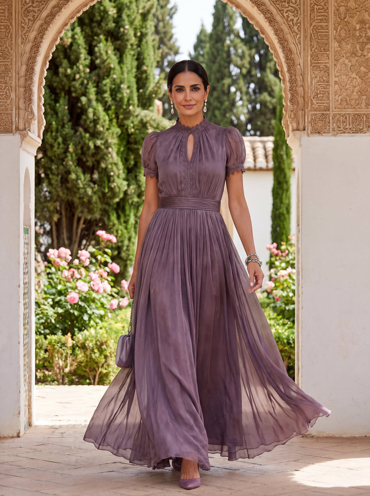 Flavia | Elegant long violet dress with a drop neckline and lace