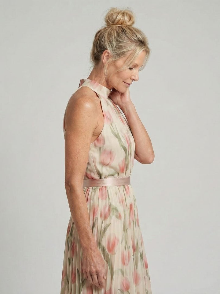 Aurelle – Floral Halter Pleated Maxi Dress