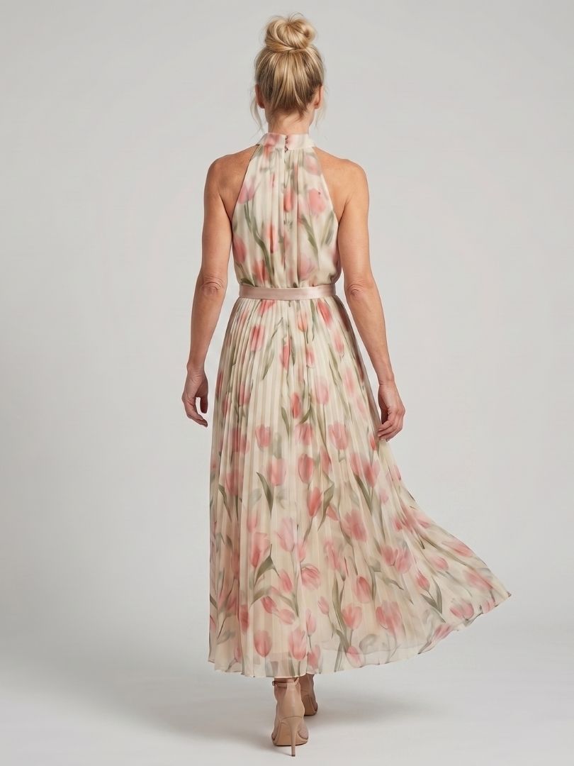 Aurelle – Floral Halter Pleated Maxi Dress
