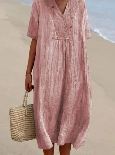 SANDRA™ | Casual V-Neck Dress with Linen Texture