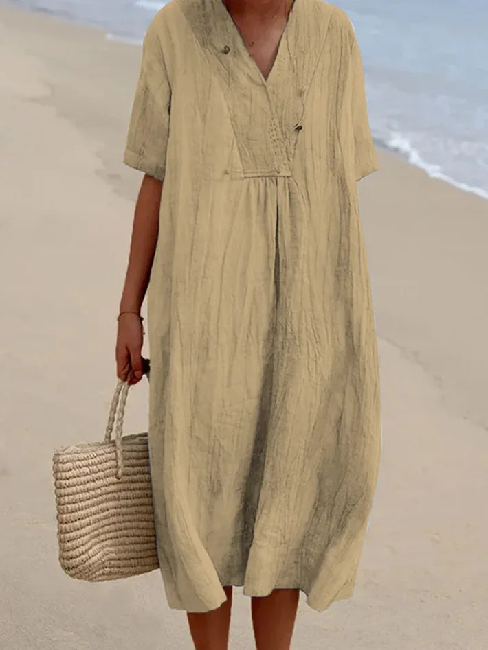 SANDRA™ | Casual V-Neck Dress with Linen Texture