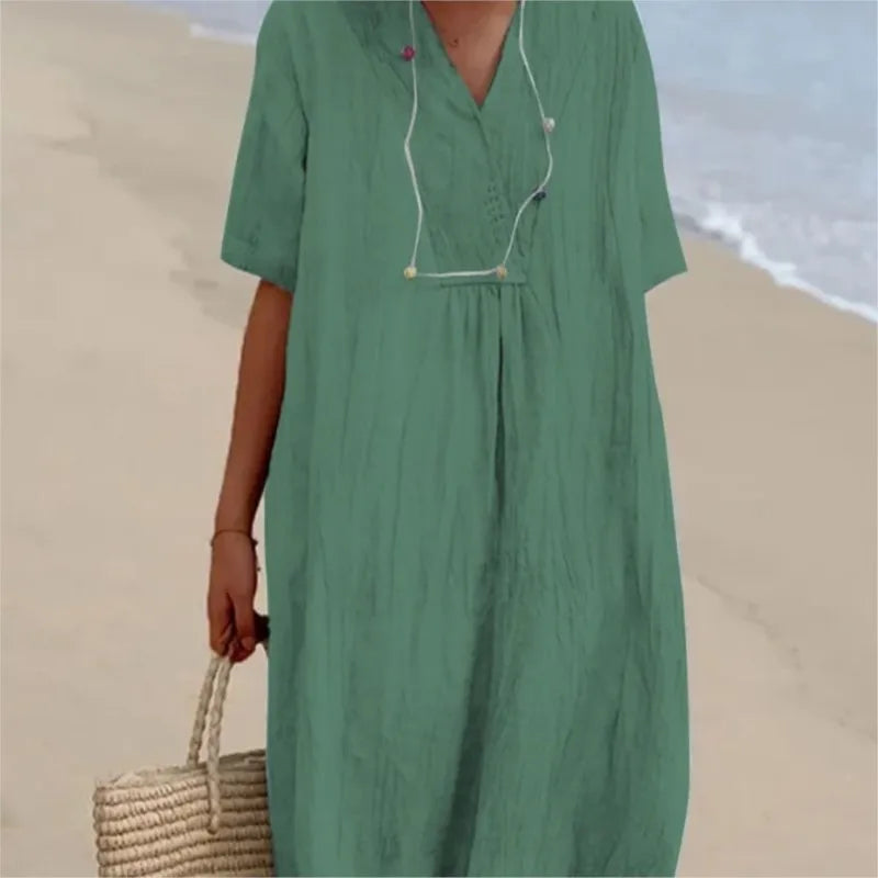 SANDRA™ | Casual V-Neck Dress with Linen Texture