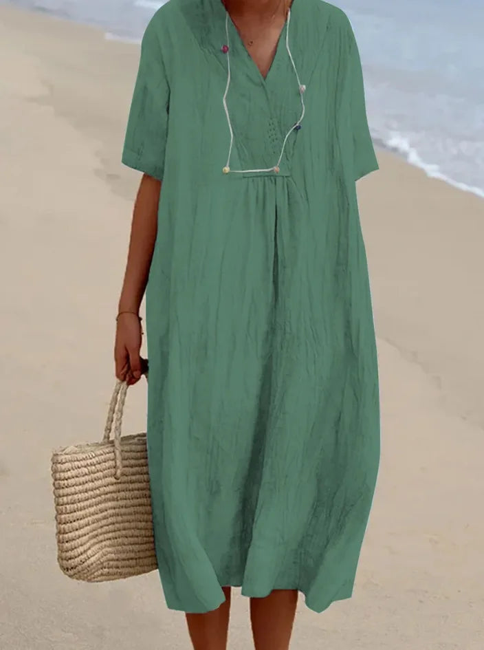 SANDRA™ | Casual V-Neck Dress with Linen Texture