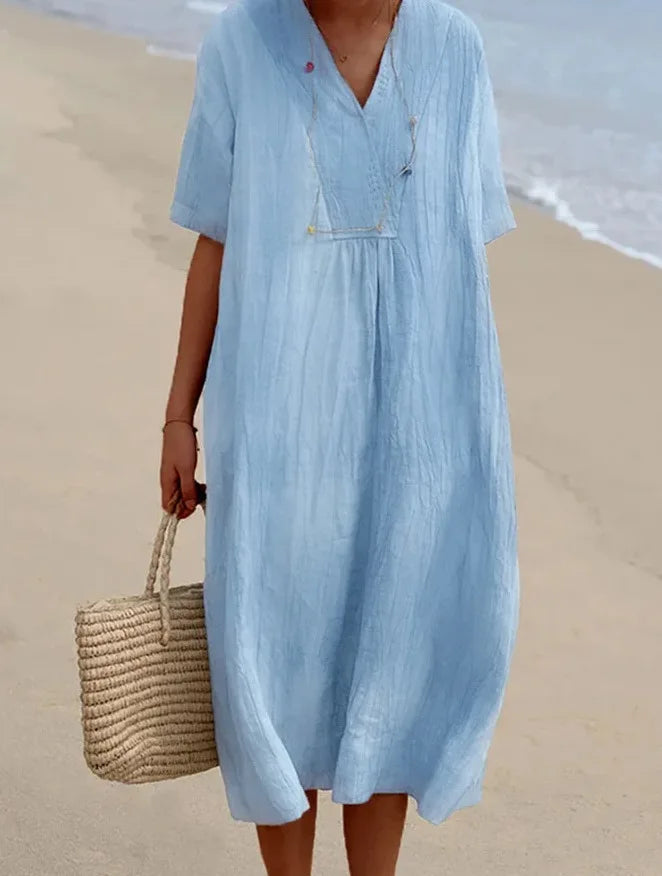 SANDRA™ | Casual V-Neck Dress with Linen Texture