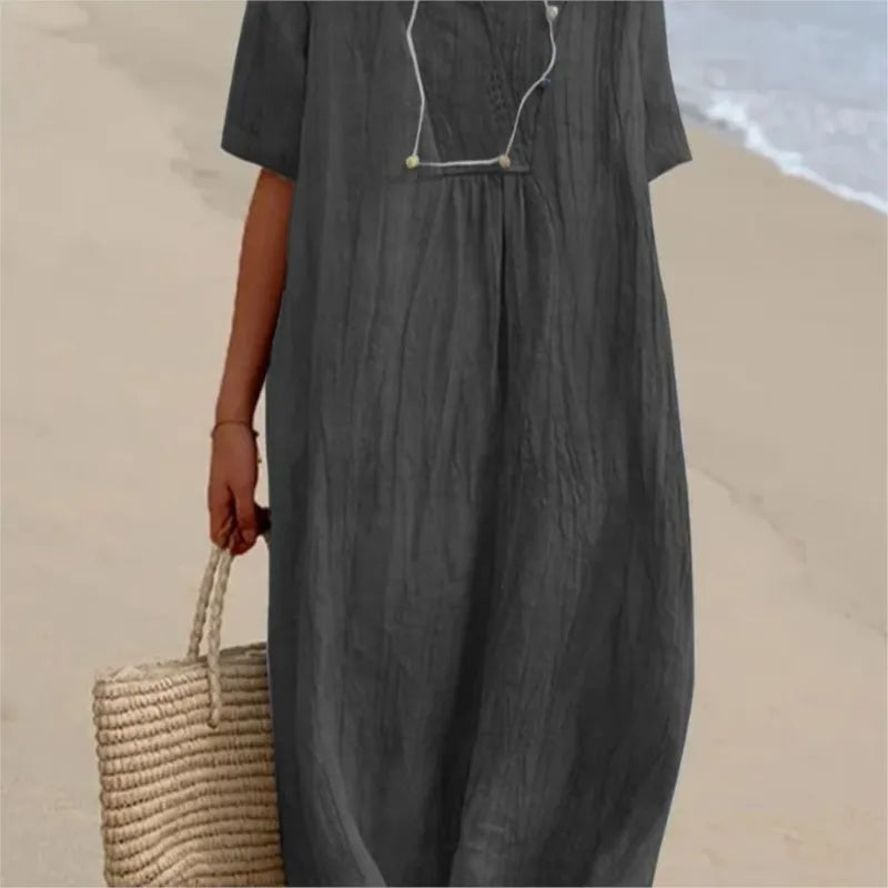 SANDRA™ | Casual V-Neck Dress with Linen Texture