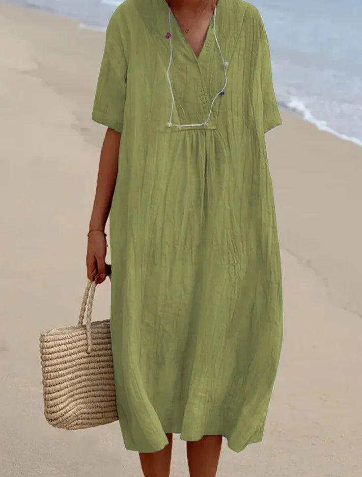 SANDRA™ | Casual V-Neck Dress with Linen Texture