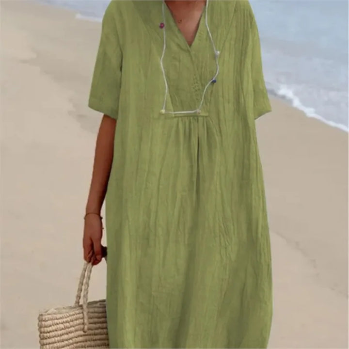 SANDRA™ | Casual V-Neck Dress with Linen Texture