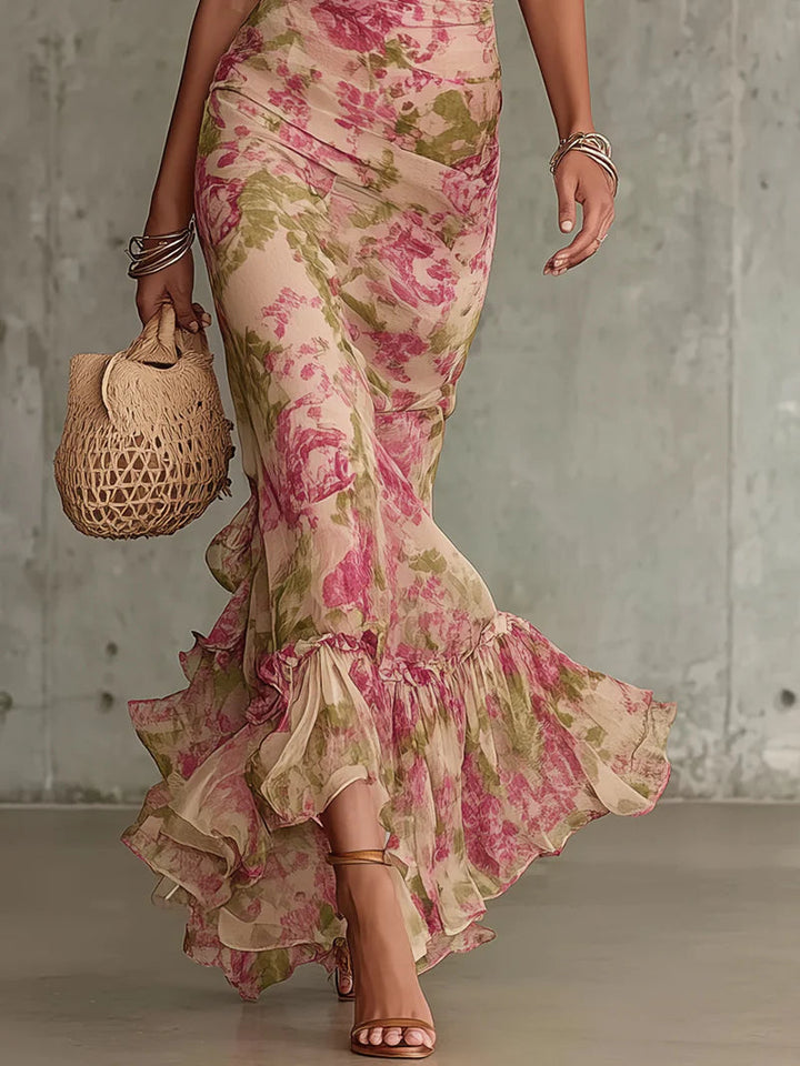 Fiora - Vintage Rose Print Long Dress with Puff Sleeves