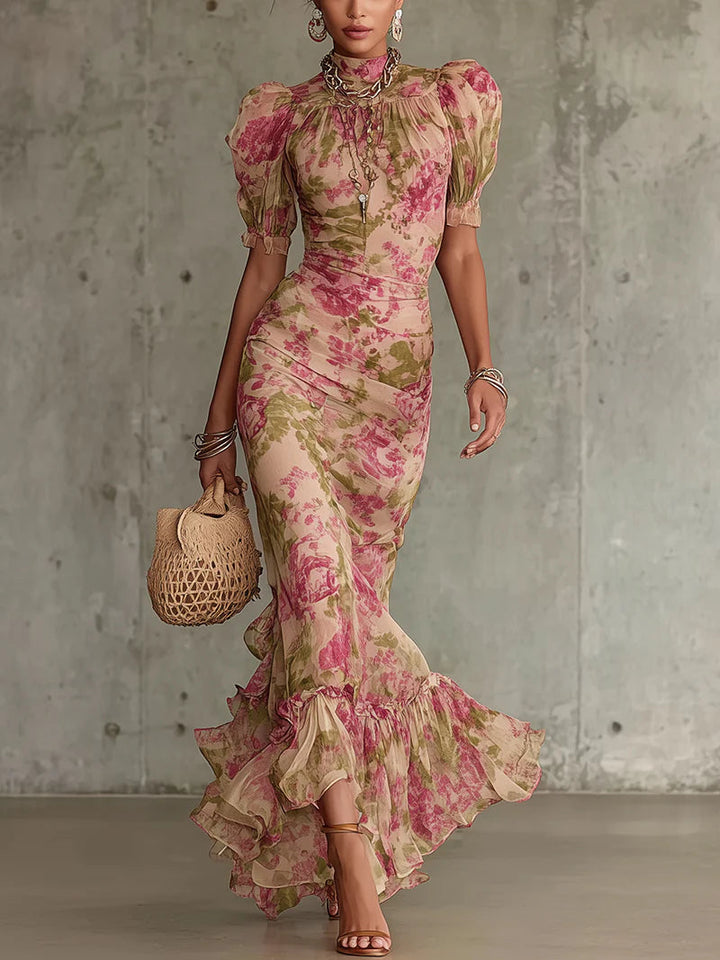 Fiora - Vintage Rose Print Long Dress with Puff Sleeves