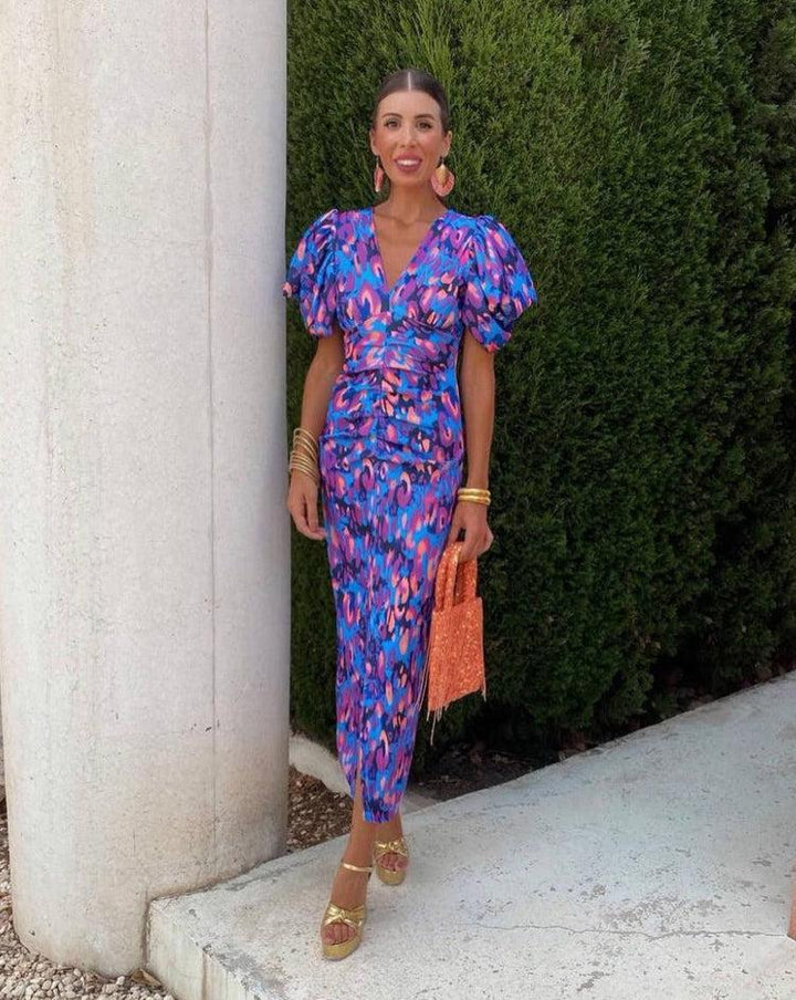 LOREN™ | Vibrant Midi Dress with Puff Sleeves