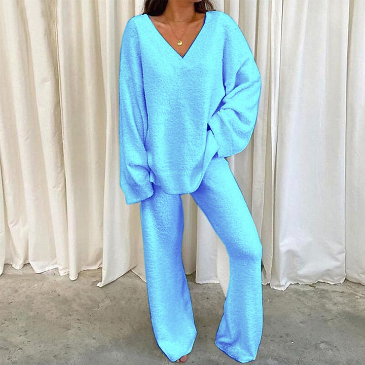REBECCA™ - Women’s 2-Piece Lounge Set Soft Chunky V-Neck Top & Wide Leg Pants for Homewear