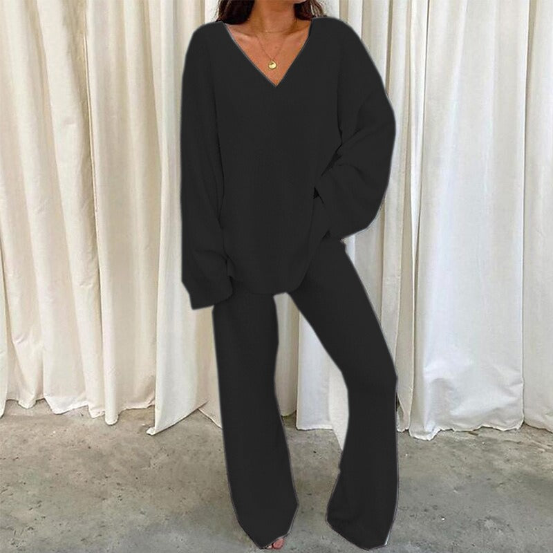REBECCA™ - Women’s 2-Piece Lounge Set Soft Chunky V-Neck Top & Wide Leg Pants for Homewear