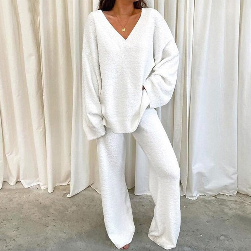 REBECCA™ - Women’s 2-Piece Lounge Set Soft Chunky V-Neck Top & Wide Leg Pants for Homewear