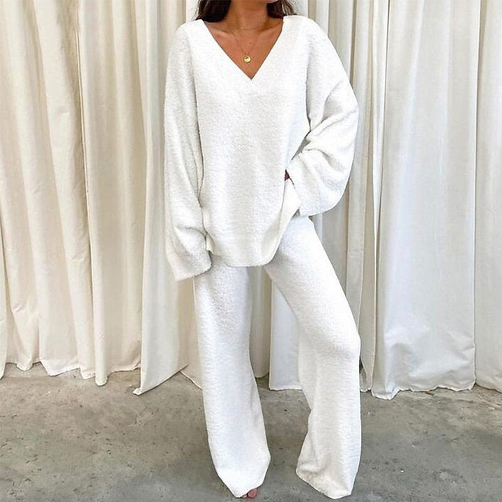 REBECCA™ - Women’s 2-Piece Lounge Set Soft Chunky V-Neck Top & Wide Leg Pants for Homewear