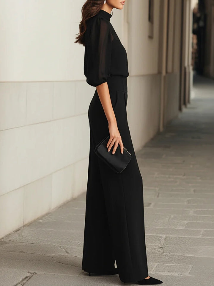 VALENTINA™ | Three-Piece Black Set with Sheer Camisole Top and Wide-Leg Trousers