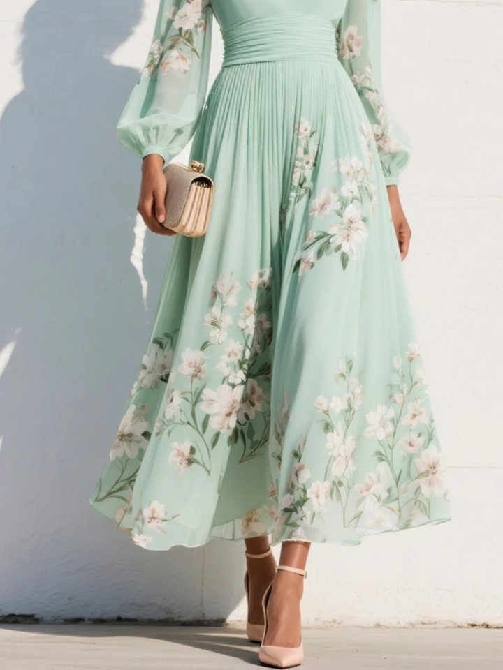 AURELIE™ | Mint Green Pleated Chiffon Maxi Dress with Floral Print