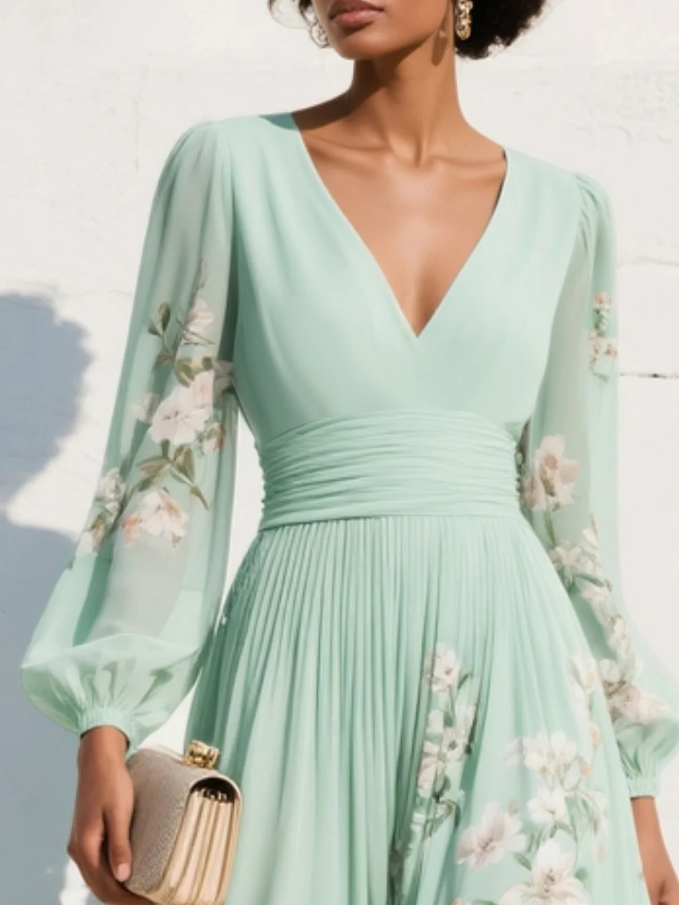AURELIE™ | Mint Green Pleated Chiffon Maxi Dress with Floral Print