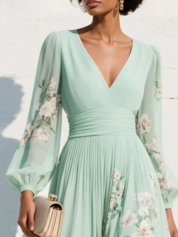 AURELIE™ | Mint Green Pleated Chiffon Maxi Dress with Floral Print