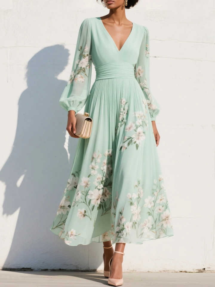 AURELIE™ | Mint Green Pleated Chiffon Maxi Dress with Floral Print