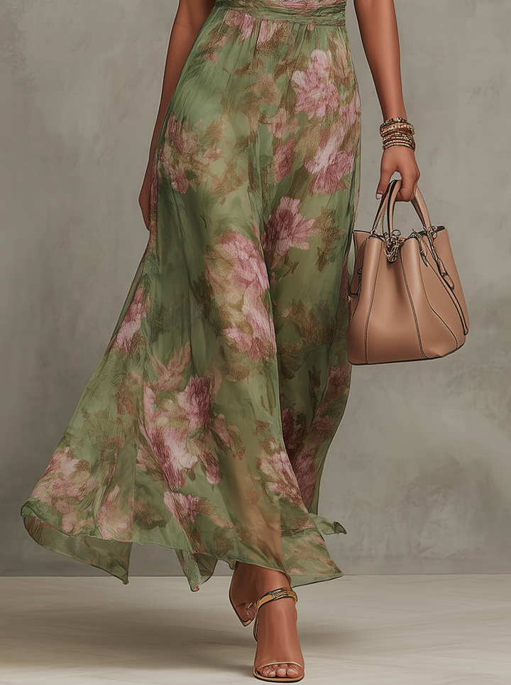 Serena - Halter Neck Long Green Floral Chiffon Dress