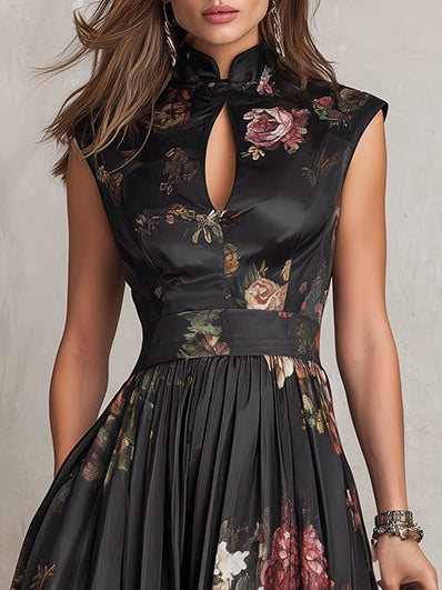 VIOLETTA™ | Black Pleated Midi Dress with Floral Pattern and Keyhole Neckline