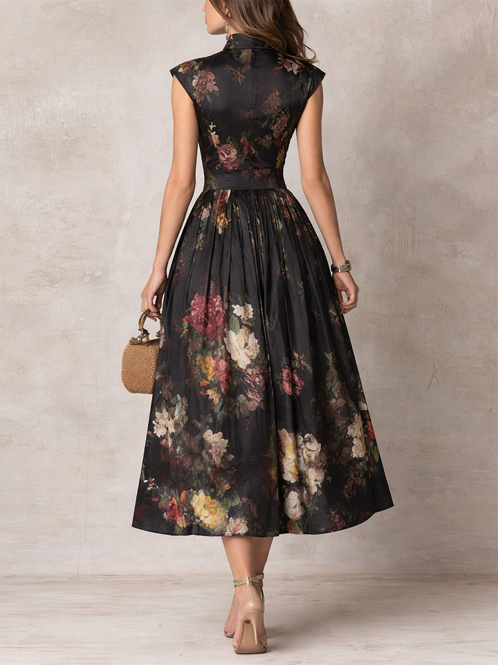 VIOLETTA™ | Black Pleated Midi Dress with Floral Pattern and Keyhole Neckline