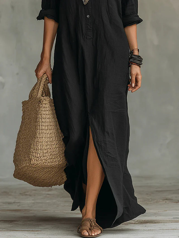 Selena™ | European Black Loose Maxi Dress with Buttons