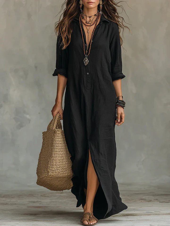 Selena™ | European Black Loose Maxi Dress with Buttons