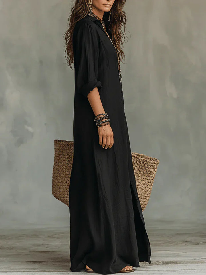 Selena™ | European Black Loose Maxi Dress with Buttons