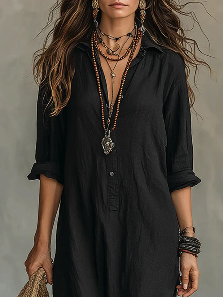 Selena™ | European Black Loose Maxi Dress with Buttons