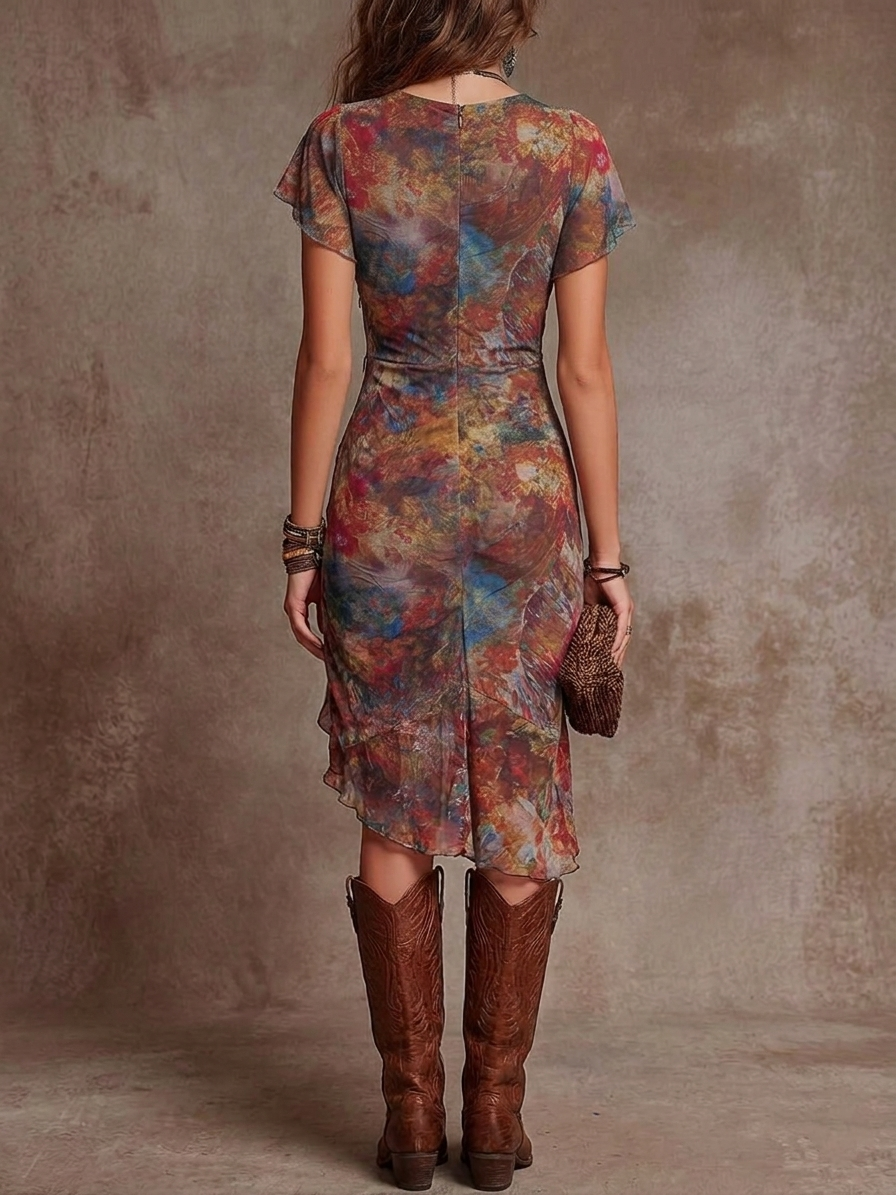 Martina - Bohemian Midi Dress with Pleats and V-Neck in Abstract Art Print
