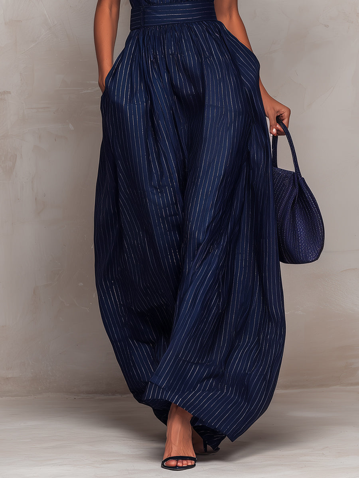ANNA™ | Dark Blue Striped Jumpsuit with Keyhole Neckline and Wide-Leg Trousers