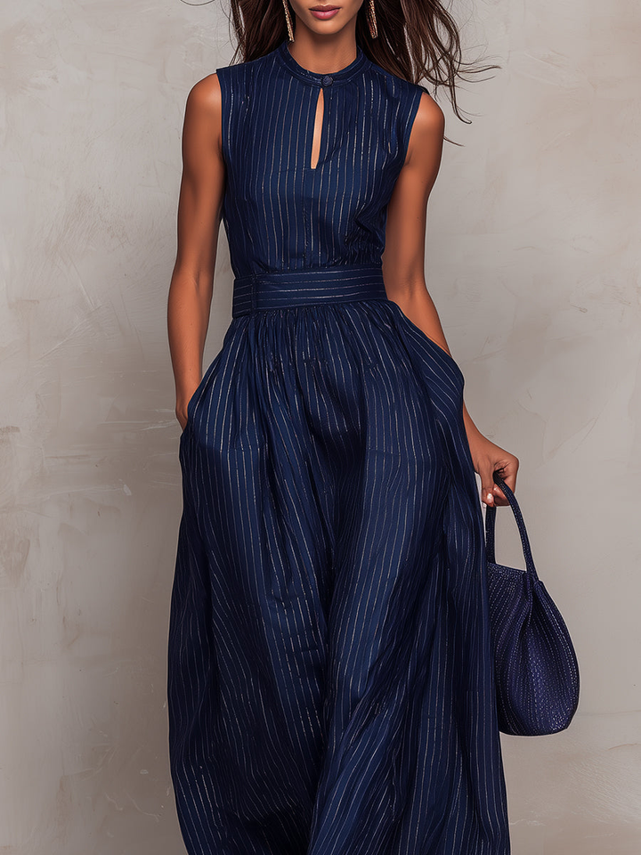 ANNA™ | Dark Blue Striped Jumpsuit with Keyhole Neckline and Wide-Leg Trousers