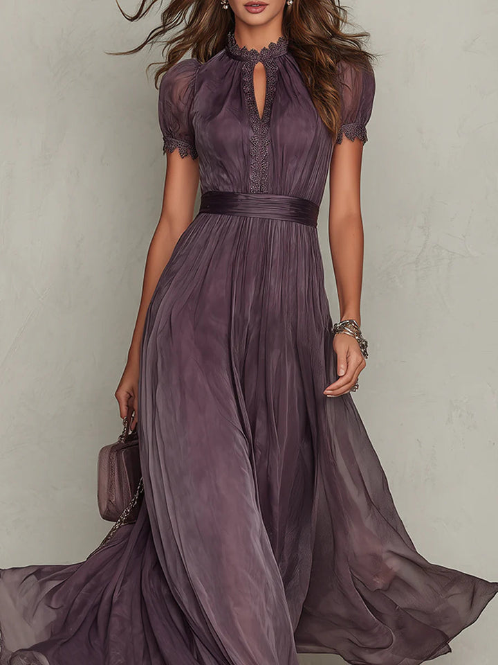 Flavia | Elegant long violet dress with a drop neckline and lace