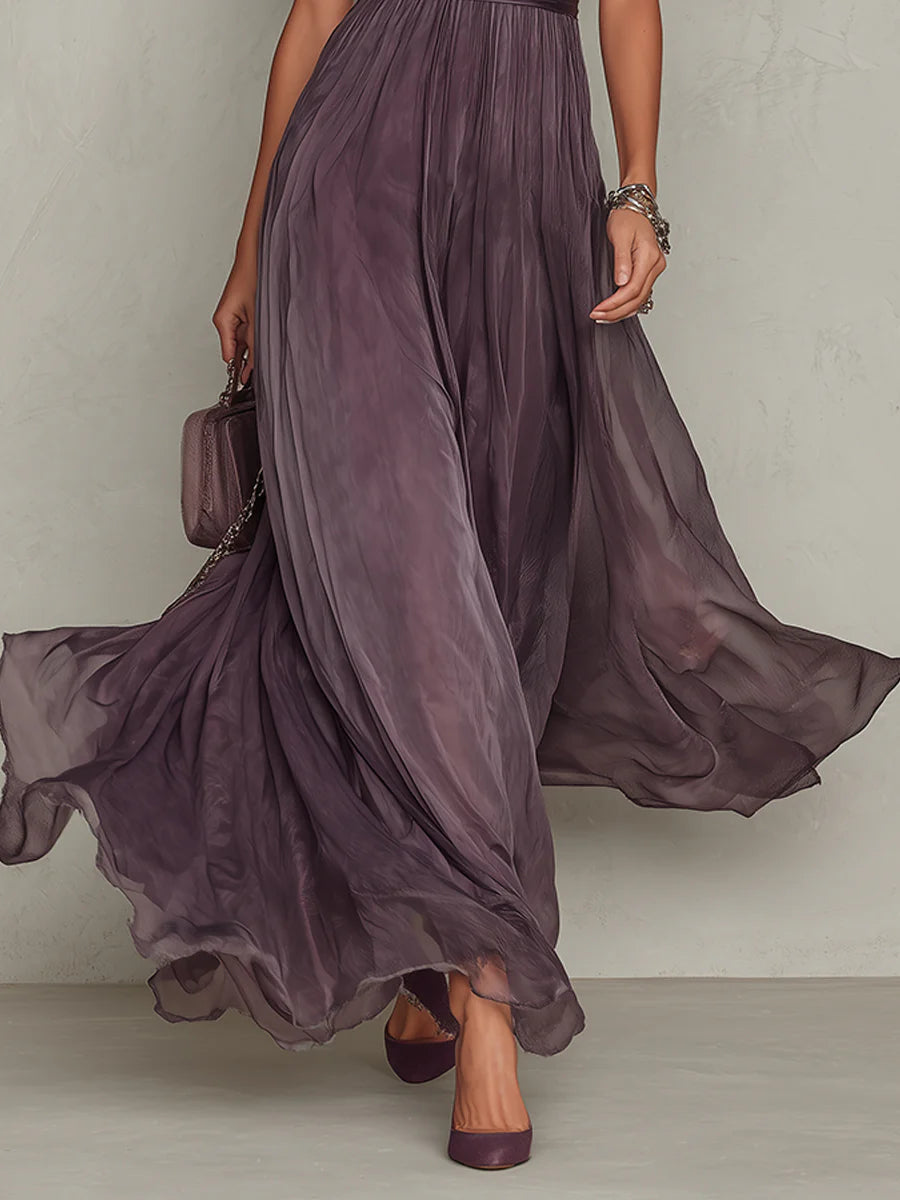 Flavia | Elegant long violet dress with a drop neckline and lace
