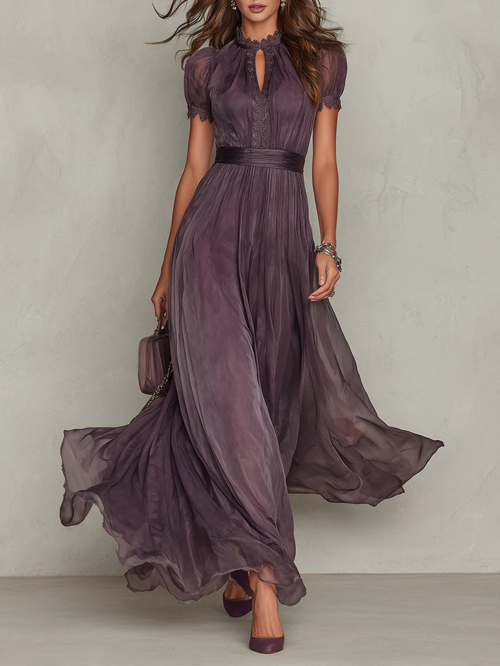 FLAVIA™ | Long Purple Dress with Keyhole Neckline and Chiffon Lace Trim
