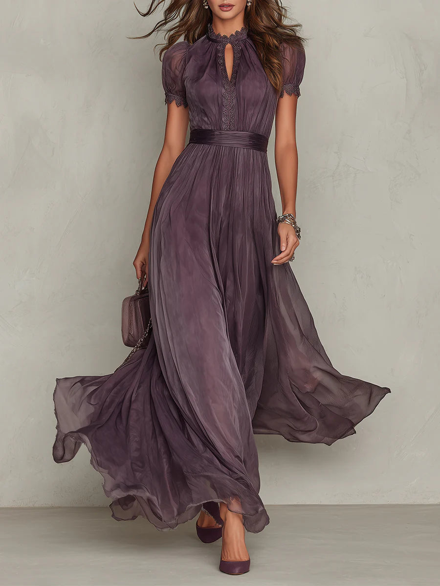 Flavia | Elegant long violet dress with a drop neckline and lace