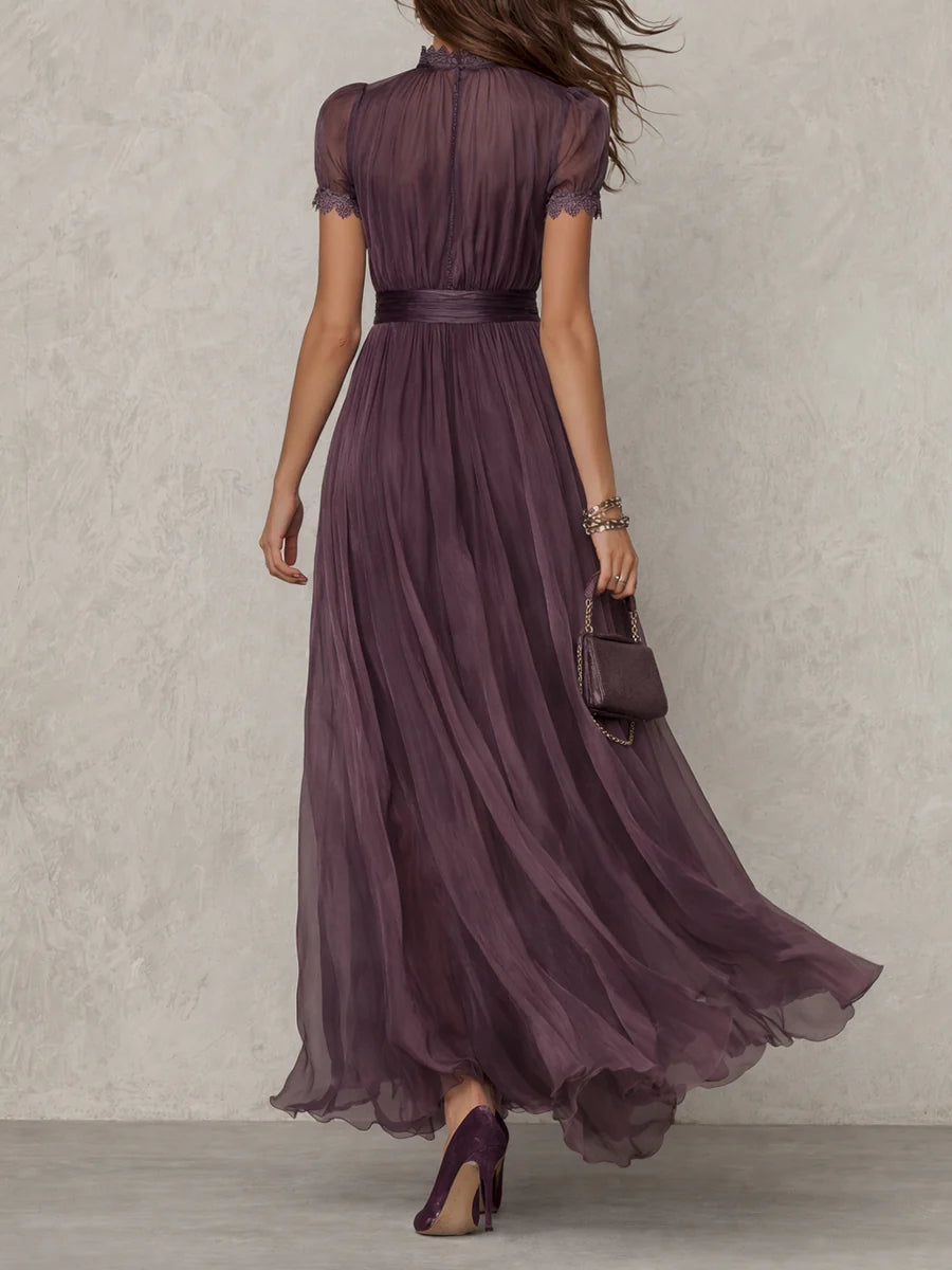 Flavia | Elegant long violet dress with a drop neckline and lace