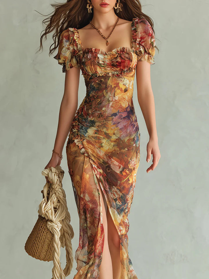 Viola - Flowing Orange Chiffon Dress with Bohemian-Inspired Oil Print